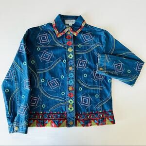 Vintage 80s 90s Norm Thompson Funky Embroidered Denim Jacket XS